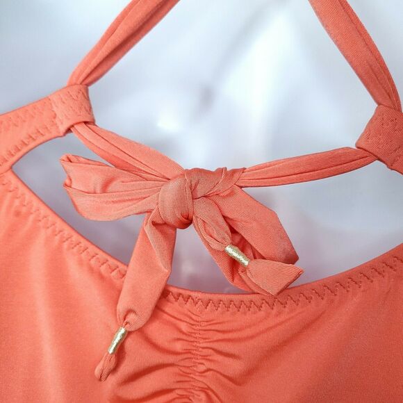 Athleta Aqualuxe Tankini Swim Top S Coral Sunset Orange Ruched Deep V - Picture 5 of 12